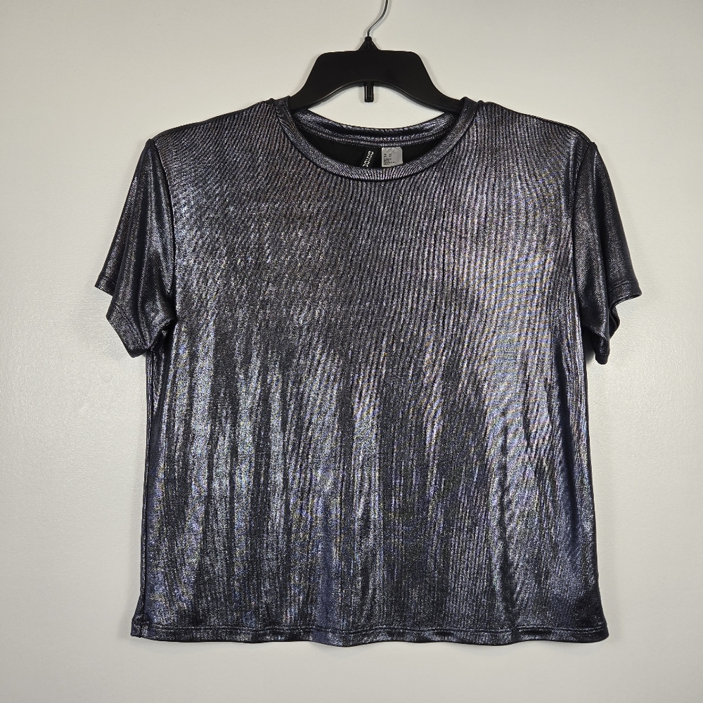 H&M Divided Silver Metallic Stretch Boxy Cropped Grunge Top Size XS